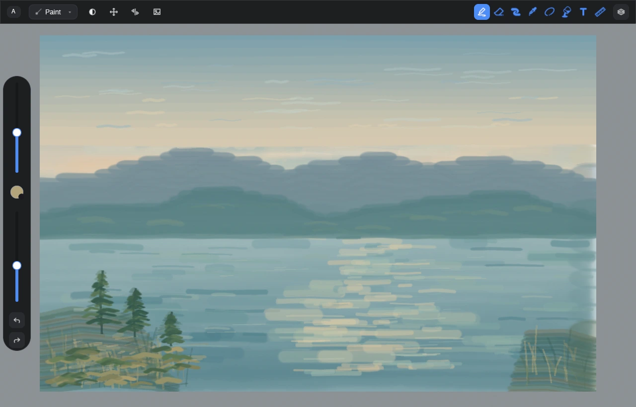 Artlia Paint for Mac showing a lakeside study on the canvas.
