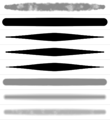 Real strokes drawn by the Artlia engine: pencil, ink pens with symmetric taper, marker, airbrush and watercolour