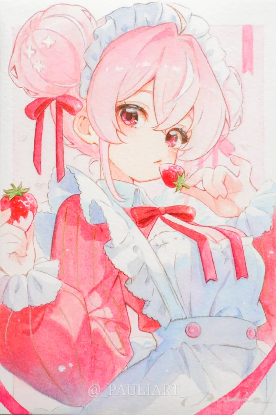 Watercolour and copic original by PAULIA: a maid with strawberries in soft pink
