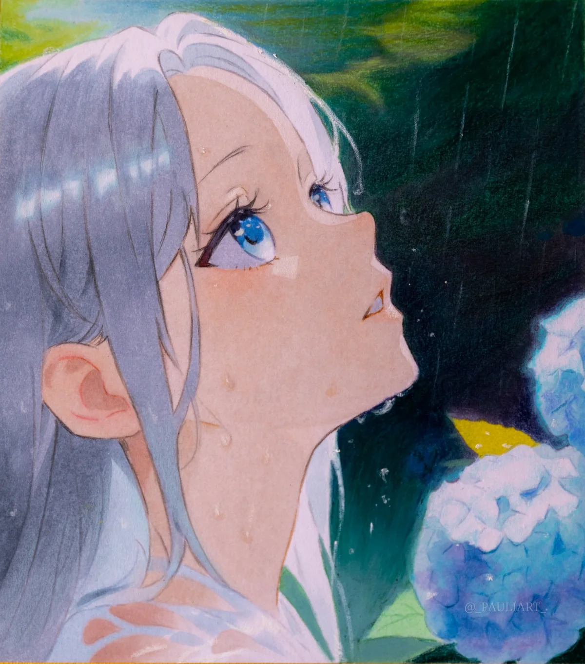 Watercolour and copic original by PAULIA: a girl looking up through rain beside hydrangeas
