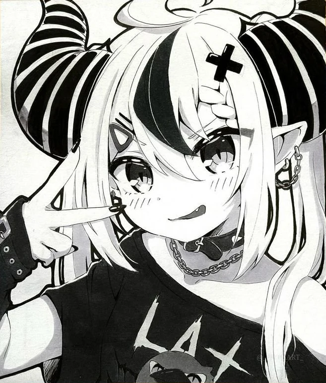 Monochrome ink original by PAULIA: a horned girl drawn with line alone